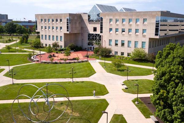 Exterior of IU Indianapolis library and courtyard.
