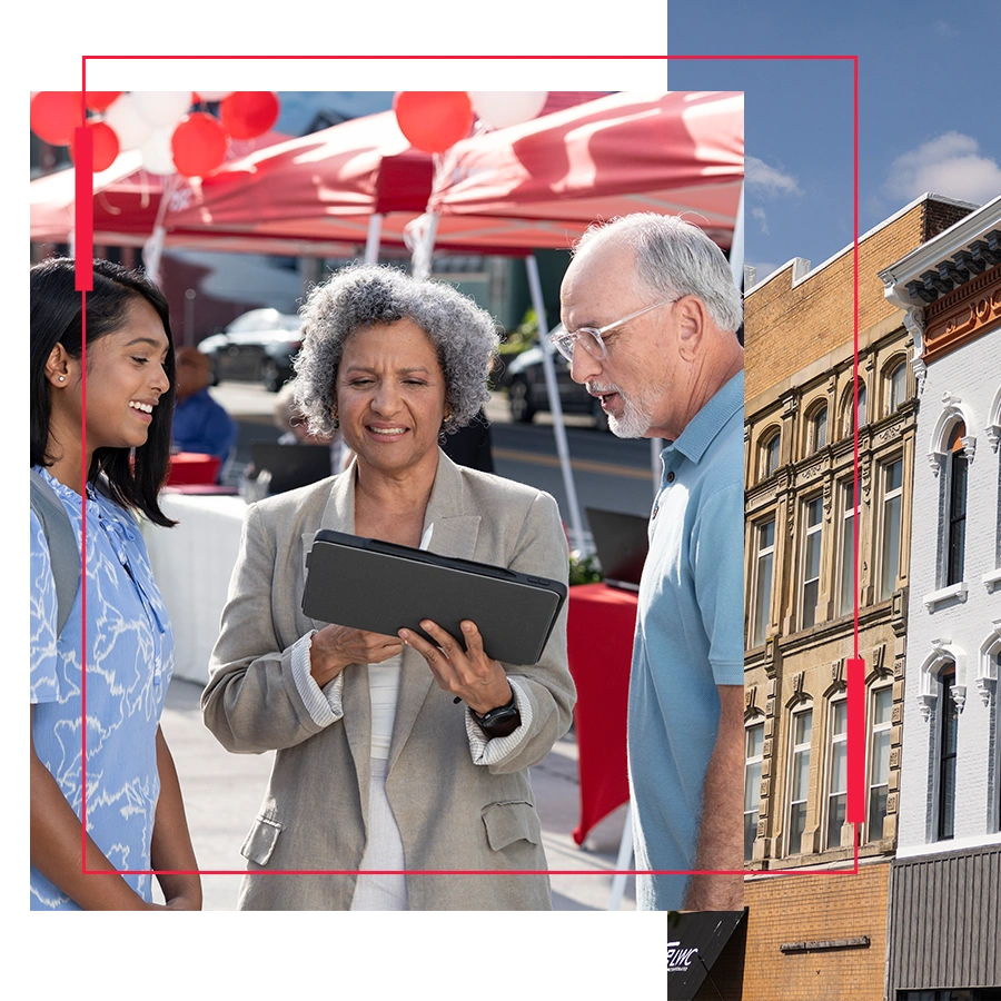 photo collage with light crimson frame connecting an image of a man and two women talking with an overpass reading "Richmond" in the background and an image of people collaborating around a table.