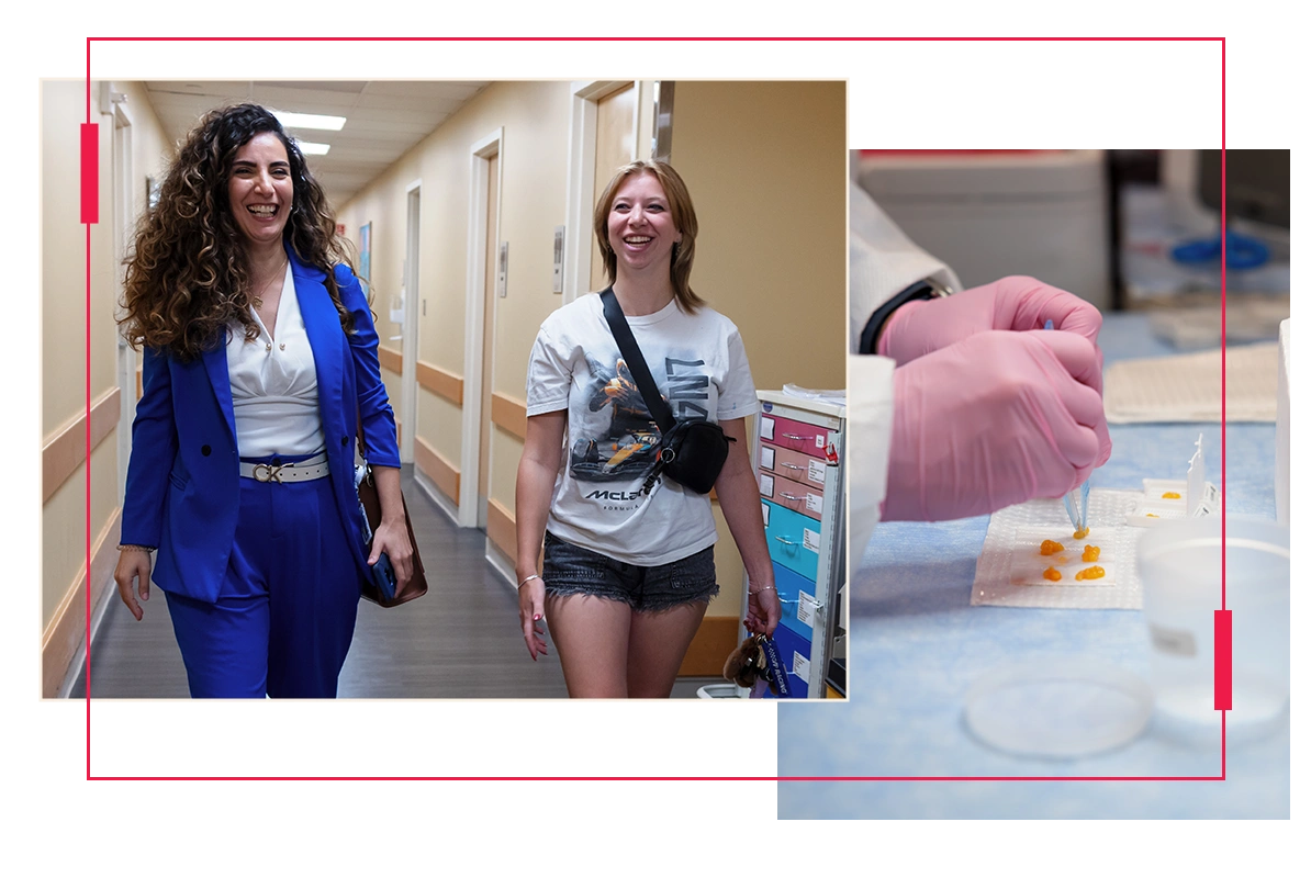 Dr. Rita Assi walks through a hospital corridor with cancer survivor Reagan Lessick. Pink gloved hands work with breast tissue samples in a lab.